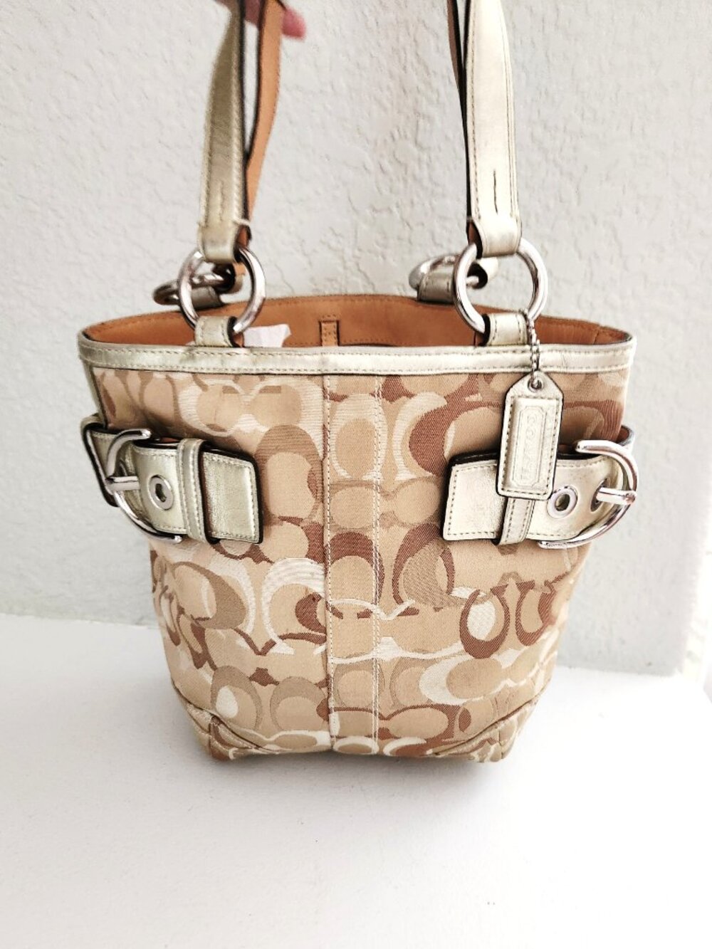 Like New Vintage Rare Coach Optic Metallic Gold & Tan Satchel Bag Handbag Purse